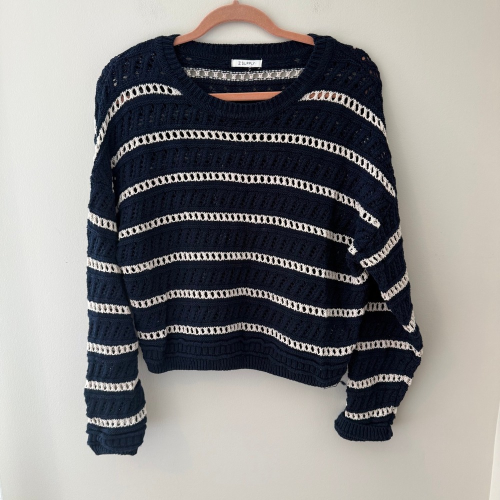 Z SUPPLY Navy Blue White Striped Pointelle Cotton Knit Sweater ZW251196 Small